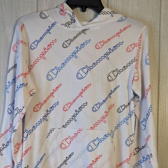 Champion White Long Sleeve T-shirt Hoodie All Over Logo Kangaroo Pouch SZ XL/SM - Picture 3 of 5